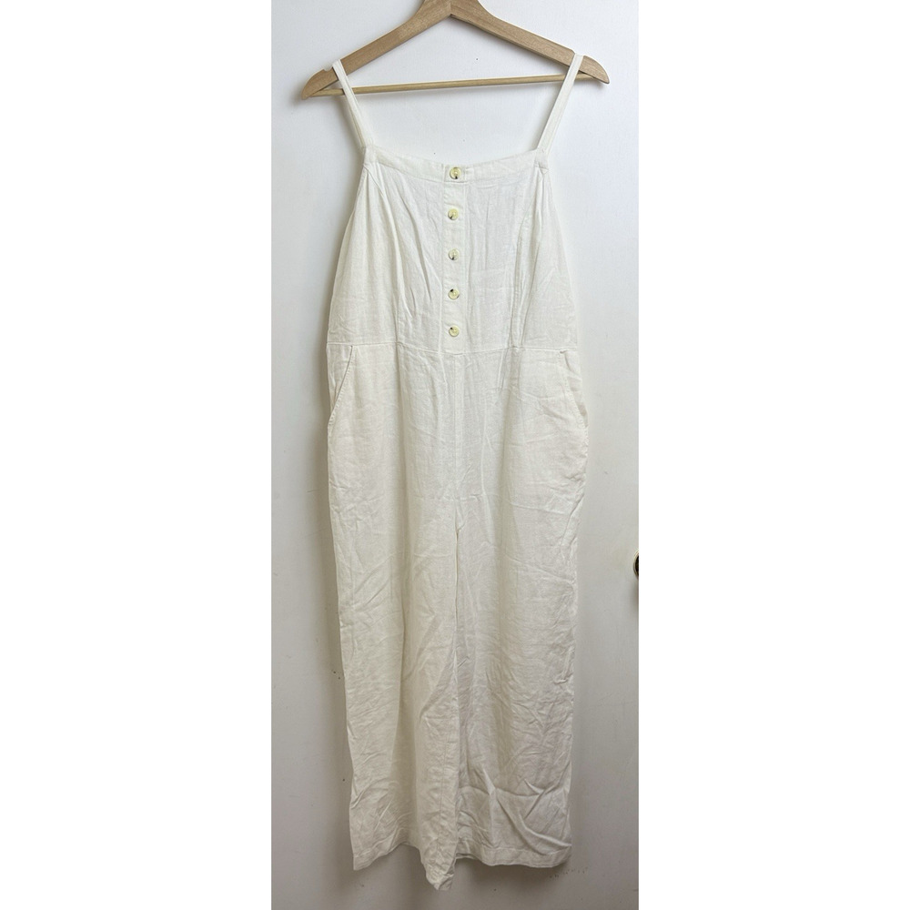Old Navy Linen Blend Jumpsuit Cream Wide Leg Women‎ M Smocked Back Coastal Vaca